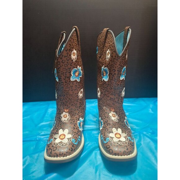Twisted X Kids Floral Embroidered Brown Leopard Print Western Cowboy Boots Size - Picture 5 of 8